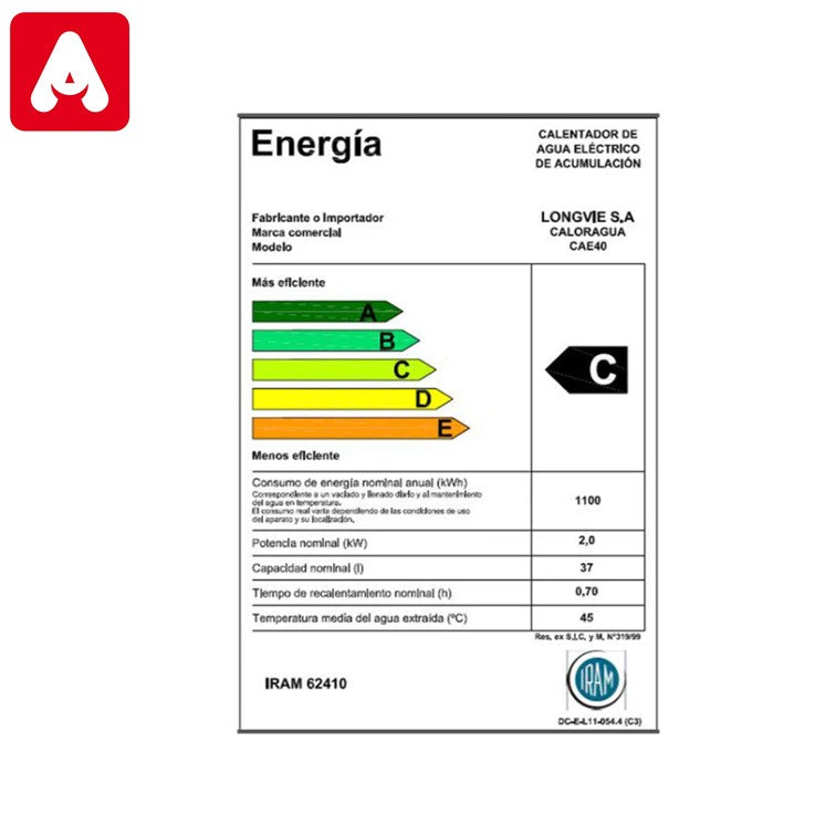 TERMOTANQUE ELECTRICO LONGVIE CALORAGUA CAE40F 39LTS  COL C/INF