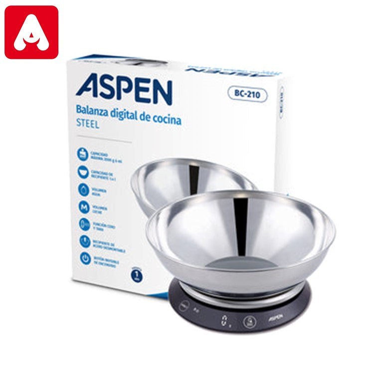 BALANZA DE COCINA ASPEN BC210 STEEL C/BOWL METALICO 3 KG.